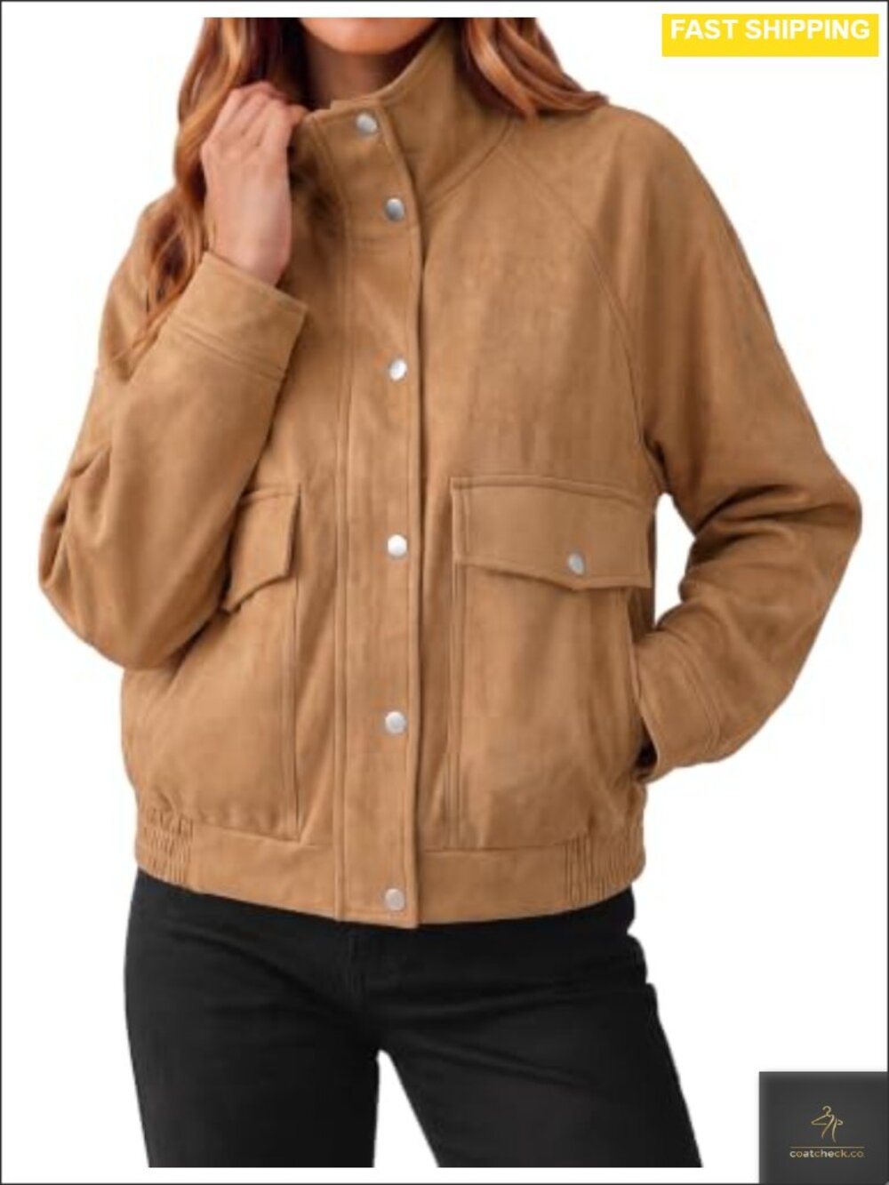 Faux Suede Zip Up Bomber Jacket Womens Cropped Funnel Neck